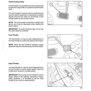 May include: A technical manual page titled SECTION 2 - CONTROLS, INSTRUMENTS AND OPERATION, detailing the Range Command Transmission. It includes text instructions and three black and white line drawings showing a clutch pedal, foot throttle, and hand throttle.