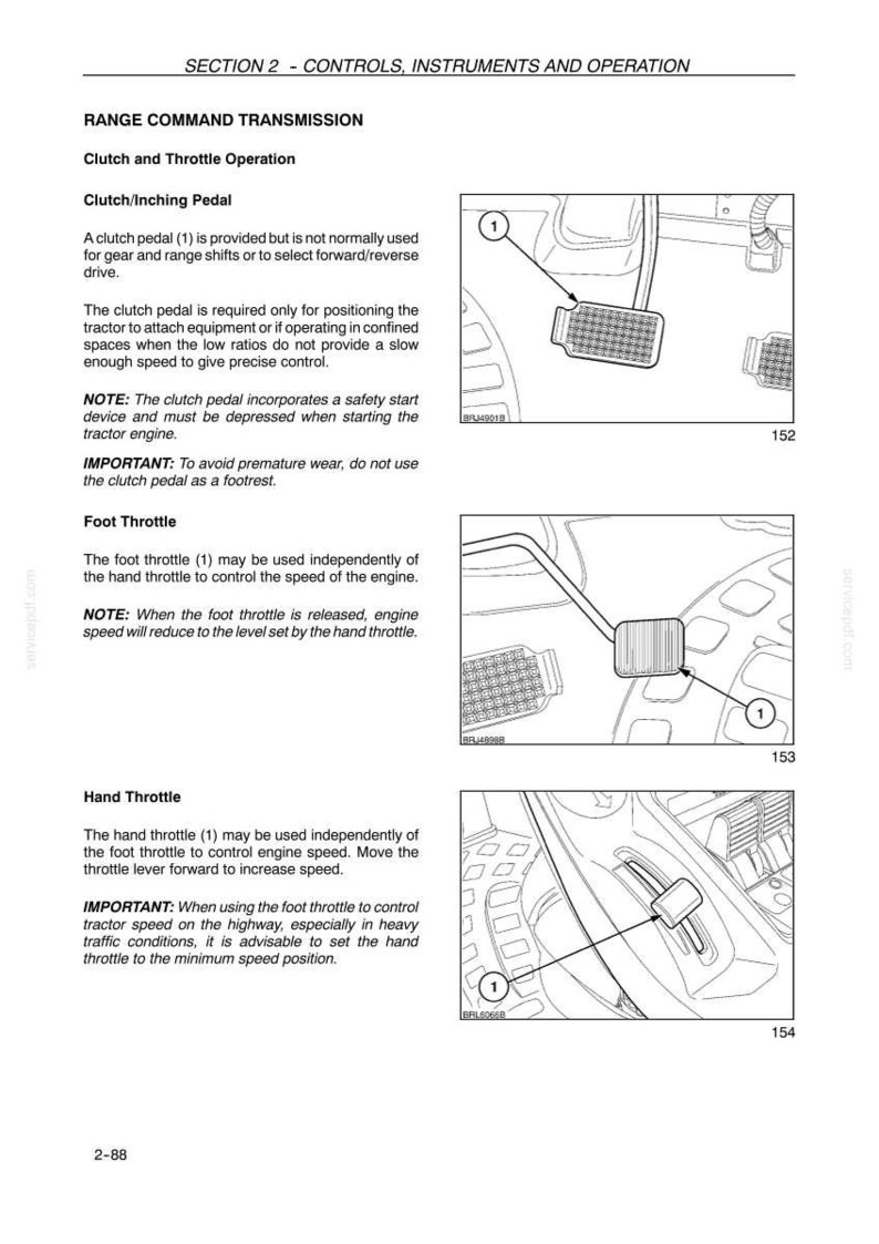 May include: A technical manual page titled SECTION 2 - CONTROLS, INSTRUMENTS AND OPERATION, detailing the Range Command Transmission. It includes text instructions and three black and white line drawings showing a clutch pedal, foot throttle, and hand throttle.