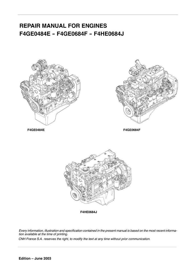 May include: A repair manual for engines, featuring detailed diagrams of three different engine models: F4GE0484E, F4GE0684F, and F4HE0684J. The manual includes technical specifications and illustrations.