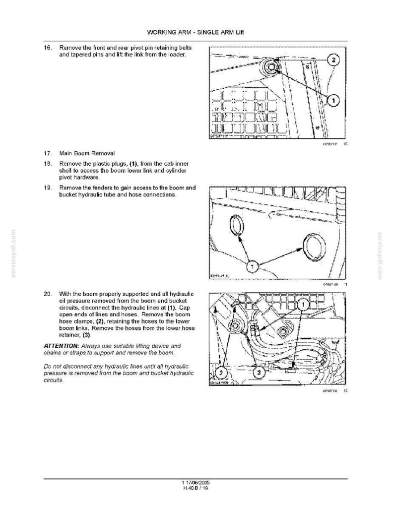 May include: Diagram of a working arm single arm lift with numbered instructions. The diagram includes close-up views of mechanical components with labels and arrows pointing to specific parts. Text instructions are also included.