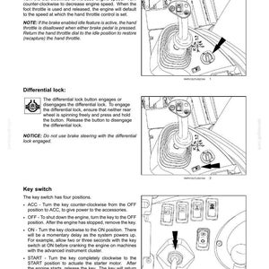 May include: Diagrams of console controls, including a hand throttle and differential lock button. Also shown is a key switch with ACC, OFF, ON, and START positions. The image is from a manual.