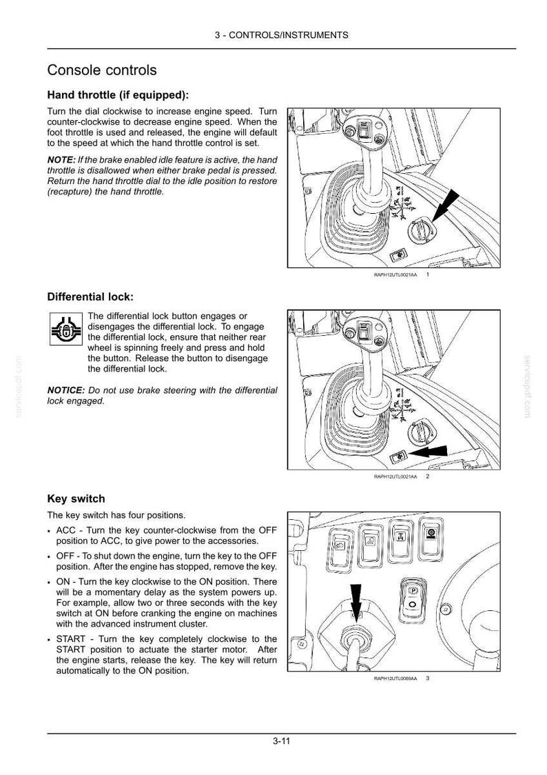 May include: Diagrams of console controls, including a hand throttle and differential lock button. Also shown is a key switch with ACC, OFF, ON, and START positions. The image is from a manual.