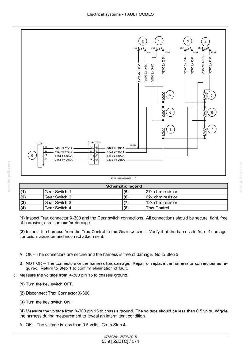 Puede incluir: Diagrama de c&oacute;digos de falla de sistemas el&eacute;ctricos, con leyenda esquem&aacute;tica e instrucciones. Incluye interruptores de engranajes, resistencias y pasos de inspecci&oacute;n de conectores. Texto con mediciones de voltaje y soluci&oacute;n de problemas.