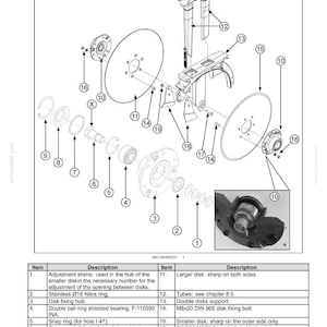 May include: An exploded diagram of a seeding tool, showcasing various components like disks, bearings, and bolts. The image includes labels and a detailed parts list, providing a technical overview of the tool's assembly and function.