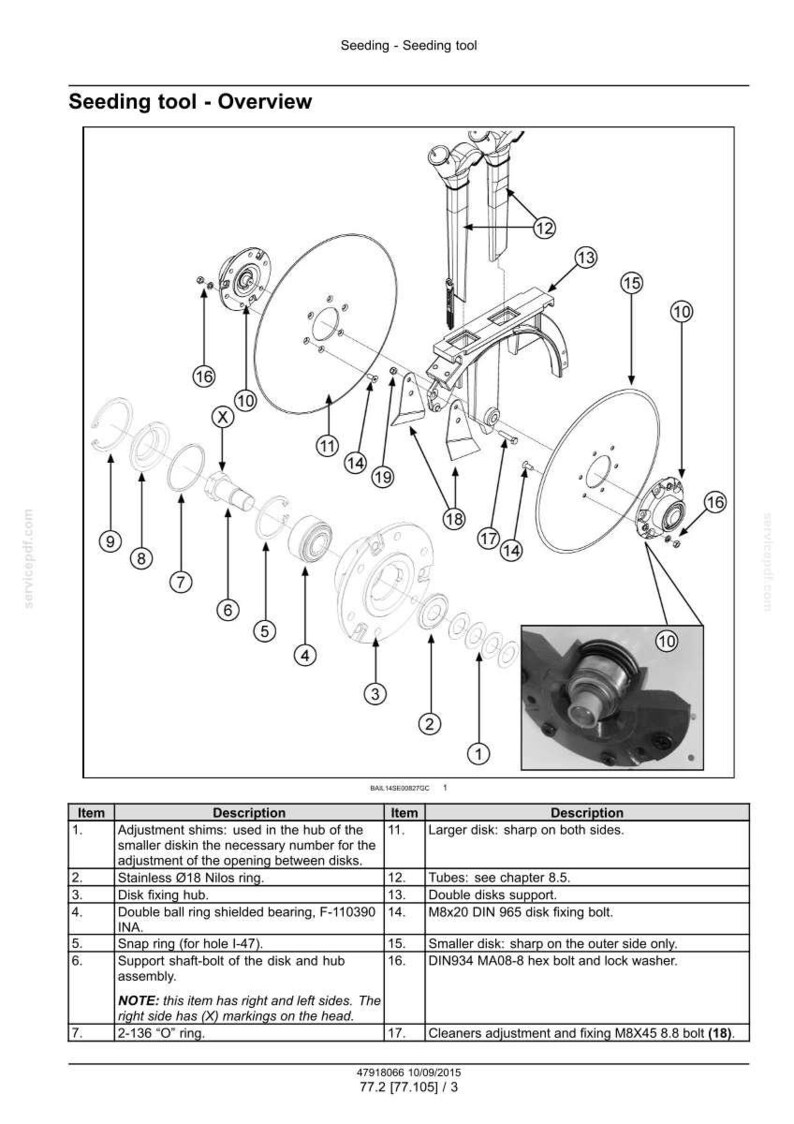 May include: An exploded diagram of a seeding tool, showcasing various components like disks, bearings, and bolts. The image includes labels and a detailed parts list, providing a technical overview of the tool's assembly and function.