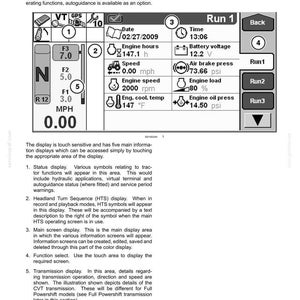 May include: A technical manual page titled 3-CONTROLS AND INSTRUMENTS featuring a diagram of a tractor color display interface. The screen shows data including date 02/27/2009, time 13:06, 147.1 engine hours, 12.2 V battery voltage, and 73.66 psi air brake pressure.