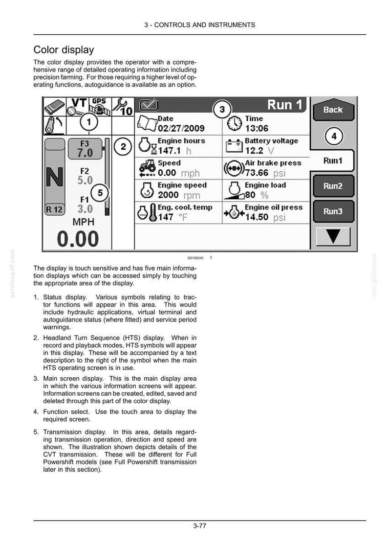 May include: A technical manual page titled 3-CONTROLS AND INSTRUMENTS featuring a diagram of a tractor color display interface. The screen shows data including date 02/27/2009, time 13:06, 147.1 engine hours, 12.2 V battery voltage, and 73.66 psi air brake pressure.