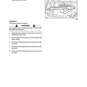 May include: Diagram from a manual showing the bodywork and driving position of a vehicle. The image includes a detailed illustration of the cab ceiling lining and instructions for installation, with a warning about using tools.