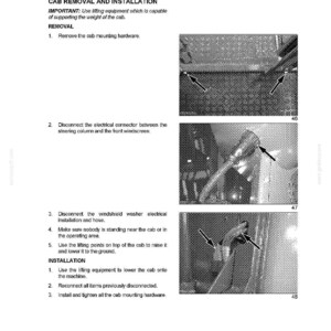 May include: An instruction manual page titled "CAB REMOVAL AND INSTALLATION." The text details steps for removing and installing a cab, with diagrams showing arrows indicating specific components. The page is white with black text and diagrams.