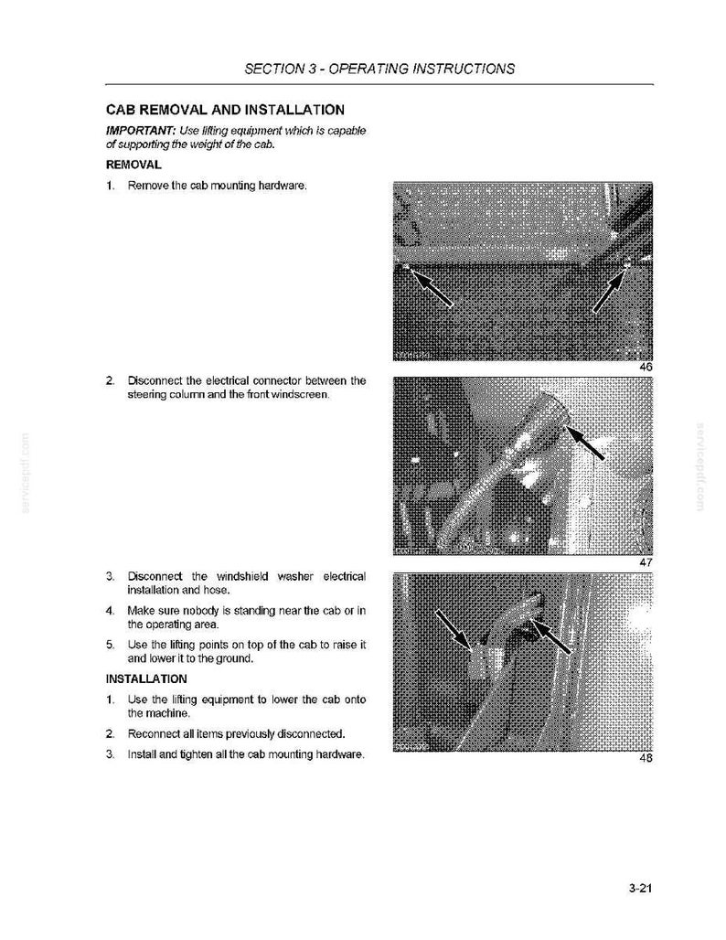 May include: An instruction manual page titled "CAB REMOVAL AND INSTALLATION." The text details steps for removing and installing a cab, with diagrams showing arrows indicating specific components. The page is white with black text and diagrams.