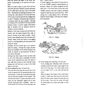 May include: A technical manual page featuring black and white line drawings of a wheel loader performing digging operations. The text provides instructions on bucket control, lever positioning, and loading techniques, including references to Fig. 3-15 and 3-16.