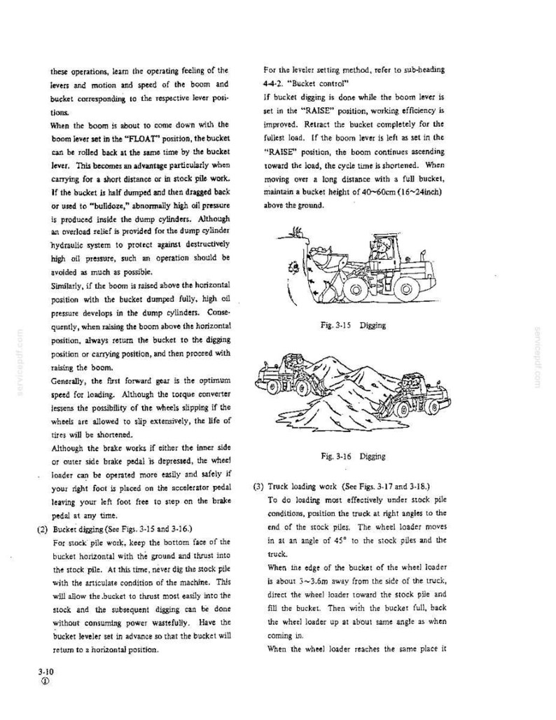 May include: A technical manual page featuring black and white line drawings of a wheel loader performing digging operations. The text provides instructions on bucket control, lever positioning, and loading techniques, including references to Fig. 3-15 and 3-16.