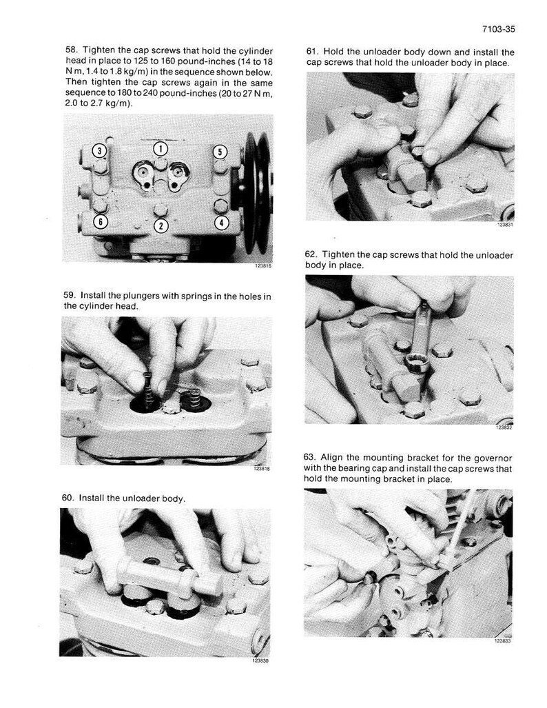 May include: A technical diagram with step-by-step instructions for assembling a mechanical component. The image includes close-up shots of hands working on the machinery, along with numbered steps and measurements in pound-inches and Nm.