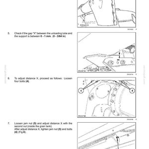 Puede incluir: Una p&aacute;gina de manual t&eacute;cnico titulada CROP PROCESSING - UNLOADING Grain unloading, que presenta cuatro dibujos lineales en blanco y negro con llamadas numeradas 1, 4 y 5, ilustrando los pasos de ajuste mec&aacute;nico para un conjunto de sinf&iacute;n y tubo de descarga.