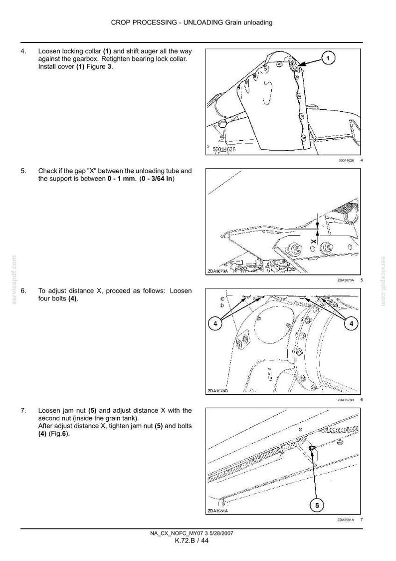 Puede incluir: Una p&aacute;gina de manual t&eacute;cnico titulada CROP PROCESSING - UNLOADING Grain unloading, que presenta cuatro dibujos lineales en blanco y negro con llamadas numeradas 1, 4 y 5, ilustrando los pasos de ajuste mec&aacute;nico para un conjunto de sinf&iacute;n y tubo de descarga.