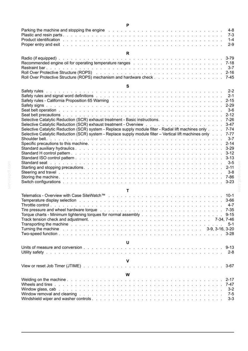 May include: A detailed page from a manual, featuring a table of contents with various topics. The topics include safety rules, machine operation, and maintenance procedures. The text is in black font.