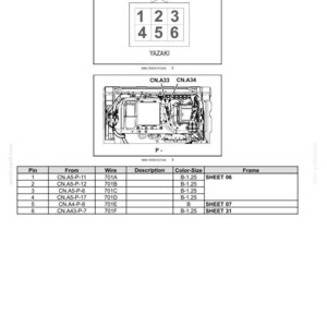 May include: Diagram of an electrical connector, CN.A33, with a grid of six numbered boxes. The text "YAZAKI" is below the grid. Additional diagrams and a table detailing wire connections and color-size are also present.