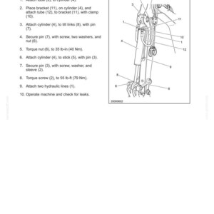 May include: A technical diagram titled Section 7 - Hydraulic System showing installation steps for a machine. The image features a line drawing of a hydraulic cylinder assembly with numbered parts from 1 to 12, including tubes, brackets, and pins.