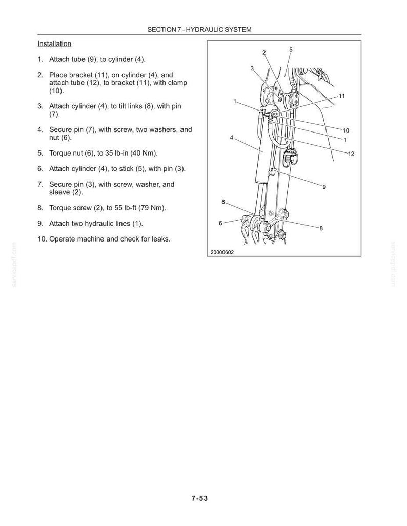 May include: A technical diagram titled Section 7 - Hydraulic System showing installation steps for a machine. The image features a line drawing of a hydraulic cylinder assembly with numbered parts from 1 to 12, including tubes, brackets, and pins.
