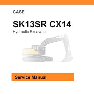 May include: White background with the text "CASE" at the top, followed by "SK13SR CX14" and "Hydraulic Excavator." Below is a faded image of a hydraulic excavator. An orange rectangle at the bottom reads "Service Manual."