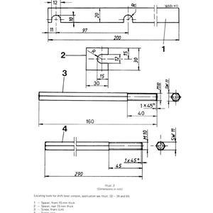 May include: Technical drawing of special tools, including spacers and screws, with dimensions in millimeters. The diagram includes detailed views of the tools, labeled with measurements and angles. The text reads "Locating tools for shift lever console."
