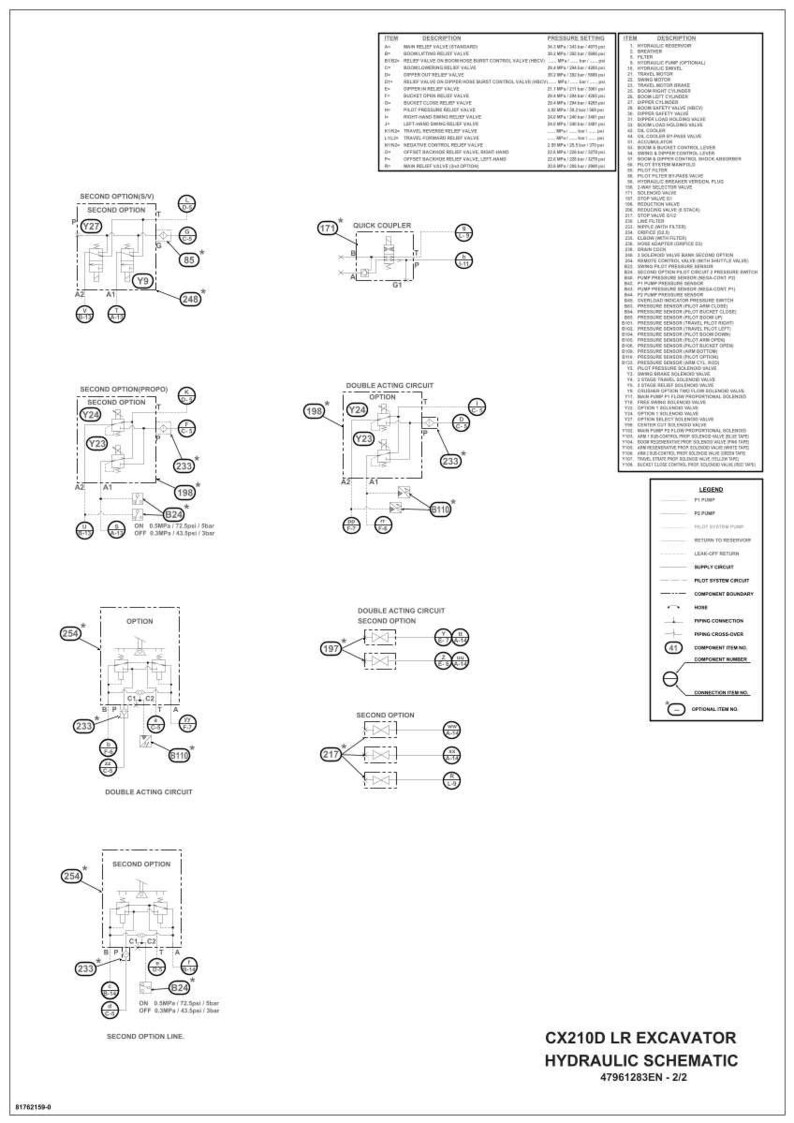 May include: A detailed hydraulic schematic for a CX210D LR excavator, with diagrams of circuits, valves, and components. Includes a legend and component key, with text labels and part numbers. The document is labeled 47961283EN - 2/2.