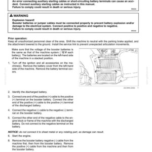 May include: A page from a maintenance manual detailing auxiliary battery connections. The text includes warnings about safety and instructions for checking and connecting batteries. An illustration shows the battery compartment.