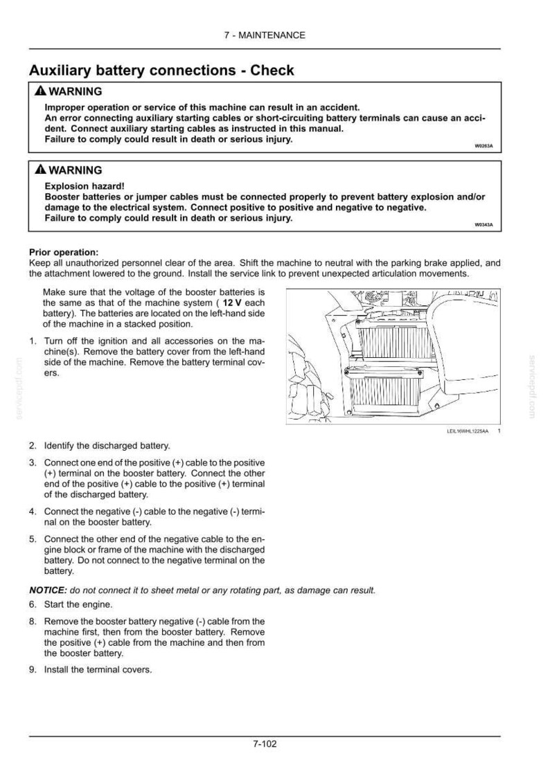 May include: A page from a maintenance manual detailing auxiliary battery connections. The text includes warnings about safety and instructions for checking and connecting batteries. An illustration shows the battery compartment.
