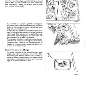 May include: A technical manual page titled 7-MAINTENANCE Bulb replacement, featuring black and white line drawings of vehicle headlight and worklamp assemblies with numbered callouts and instructional text regarding halogen bulb handling.