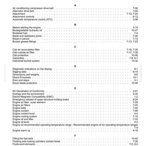May include: Index page from a manual, featuring a table of contents with various mechanical terms and page numbers. The text is black on a white background, organized alphabetically.