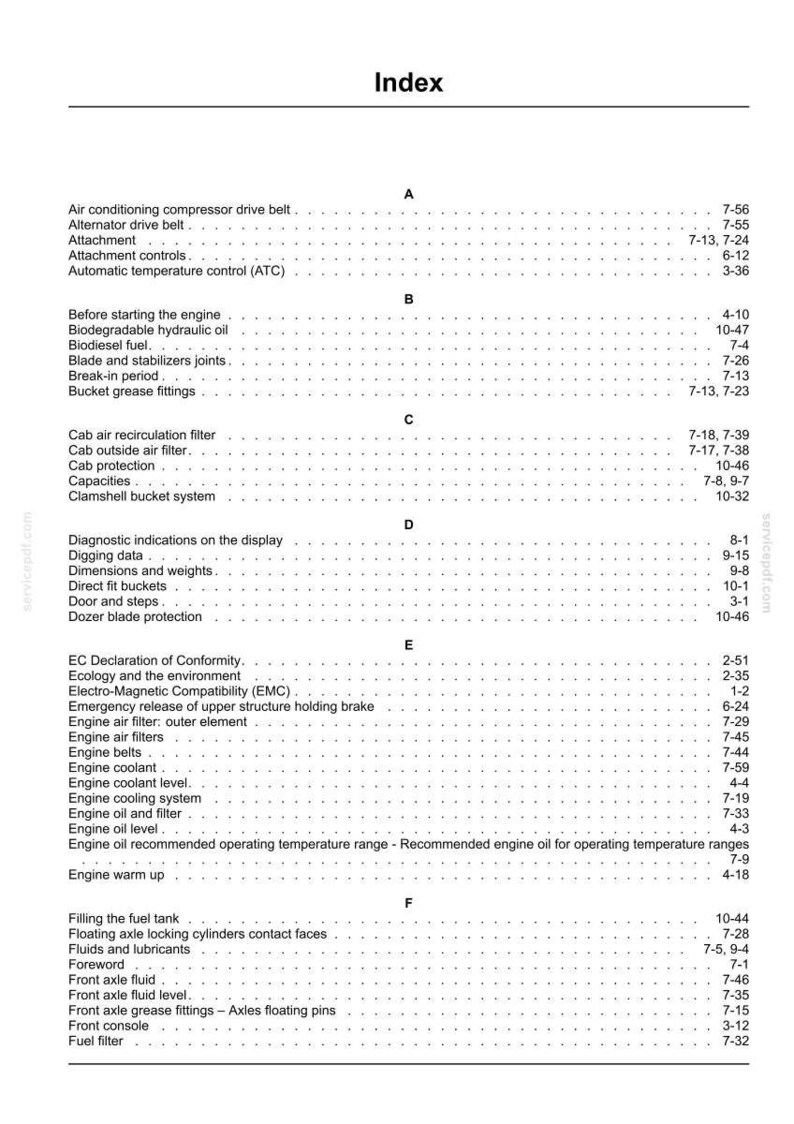 May include: Index page from a manual, featuring a table of contents with various mechanical terms and page numbers. The text is black on a white background, organized alphabetically.