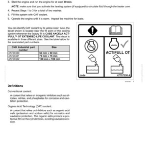 May include: A page from a maintenance manual detailing the washing of a cooling system. Includes instructions, diagrams, and a table with part numbers and sizes in millimeters. The text also defines conventional and organic acid technology coolants.