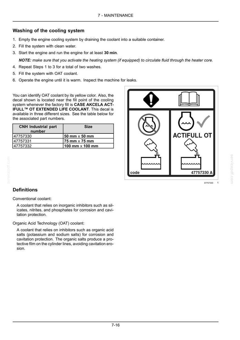 May include: A page from a maintenance manual detailing the washing of a cooling system. Includes instructions, diagrams, and a table with part numbers and sizes in millimeters. The text also defines conventional and organic acid technology coolants.