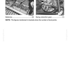 May include: Diagram showing the location of batteries and swing reduction gear. Text indicates lubrication and filter maintenance is required every 250 hours. The image includes the text "Batteries" and "Swing reduction gear".