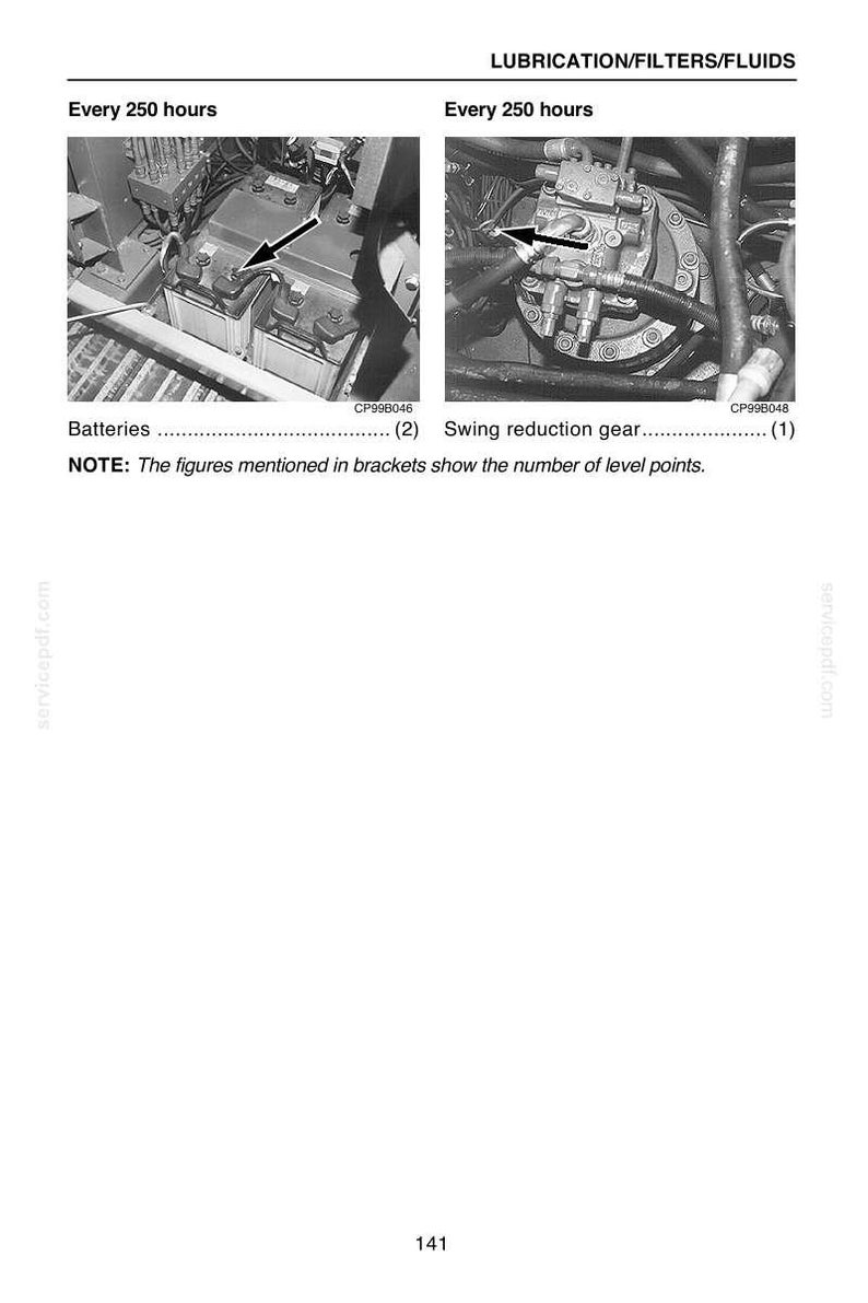 May include: Diagram showing the location of batteries and swing reduction gear. Text indicates lubrication and filter maintenance is required every 250 hours. The image includes the text "Batteries" and "Swing reduction gear".