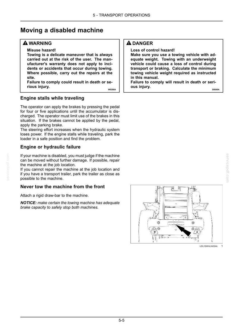 May include: A page from a manual with safety warnings and instructions for moving a disabled machine. The text includes warnings about misuse and loss of control, and instructions for engine stalls and hydraulic failure. A diagram of the machine's rear is also included.