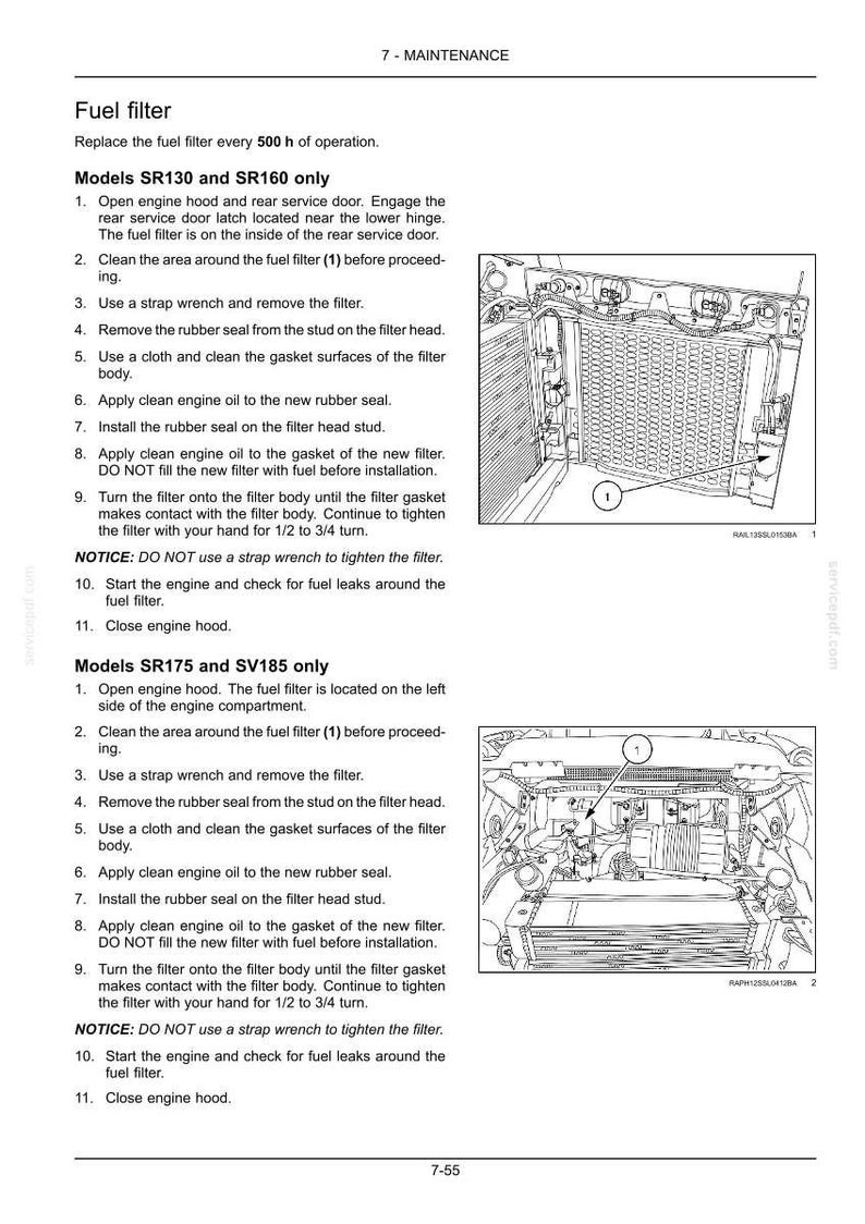 May include: Diagram of a fuel filter maintenance procedure for SR130, SR160, SR175, and SV185 models. The image includes numbered steps, illustrations of engine components, and safety notices. The text explains how to replace the fuel filter.