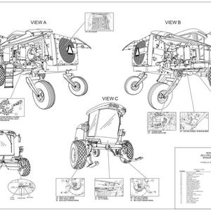 May include: Detailed technical diagram of a self-propelled windrower, featuring multiple views (A, B, and C) and close-up insets. The diagram is in black and white, showcasing the machine's components, wheels, and cab. Text labels identify various parts.