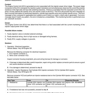 May include: Diagnostic document detailing fault codes for an electrical system. The document includes troubleshooting steps for a "Cylinder 3 - Injector Cable Short Circuit" issue, with instructions and expected resistance values.