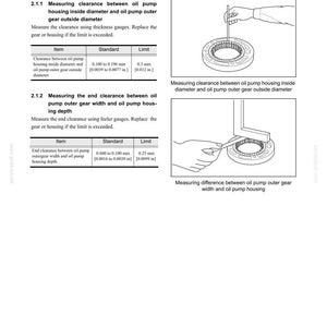 May include: A technical manual page titled Lubrication System detailing procedures for inspecting an oil pump. It includes two diagrams showing measurement techniques with gauges and two tables listing standard and limit clearance values in inches.