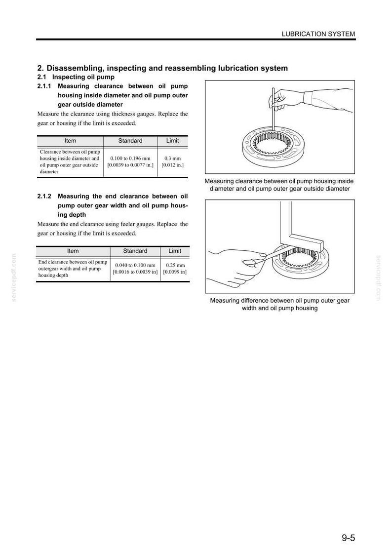 May include: A technical manual page titled Lubrication System detailing procedures for inspecting an oil pump. It includes two diagrams showing measurement techniques with gauges and two tables listing standard and limit clearance values in inches.