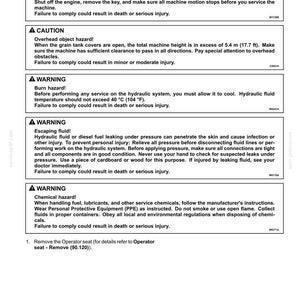 May include: A page from a manual detailing safety warnings for hydraulic systems. The text includes warnings about injury, overhead hazards, burns, escaping fluid, and chemical hazards. It also provides instructions for removing the operator seat.