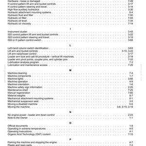 May include: A page from a technical manual index featuring alphabetical headings from H to R. The text lists various machine specifications, maintenance procedures, and operational controls with corresponding page numbers for quick reference.