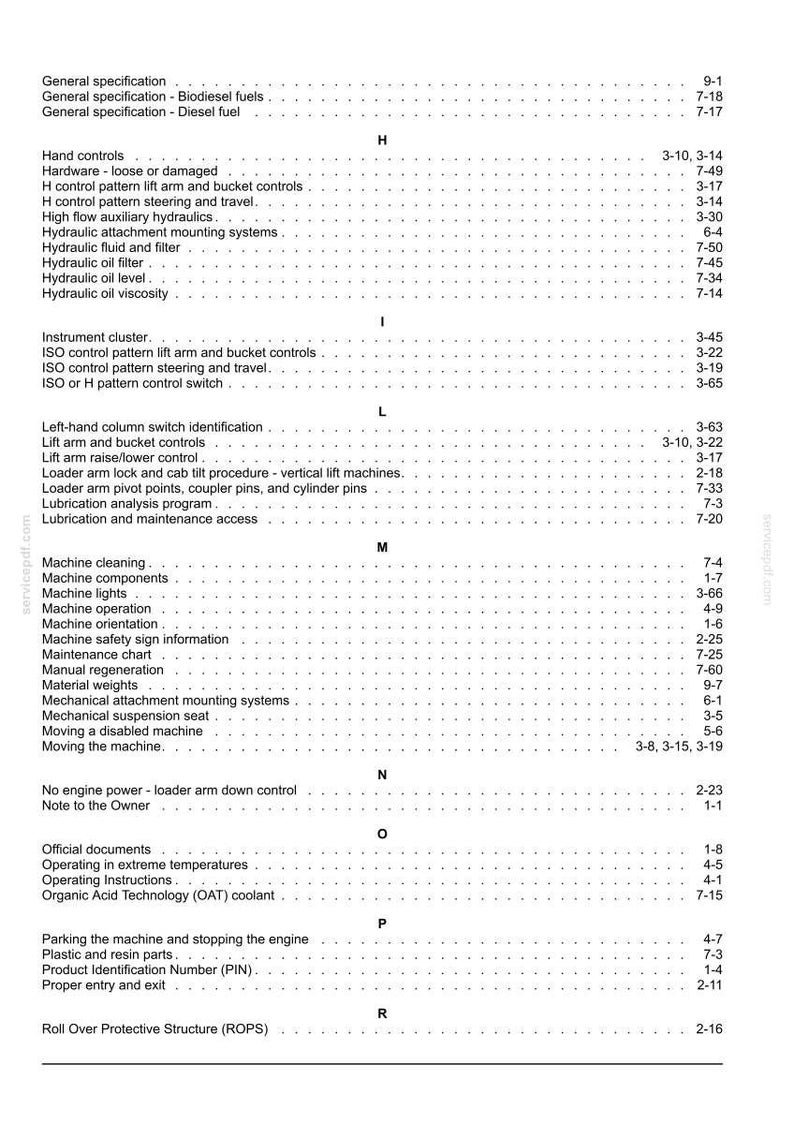 May include: A page from a technical manual index featuring alphabetical headings from H to R. The text lists various machine specifications, maintenance procedures, and operational controls with corresponding page numbers for quick reference.
