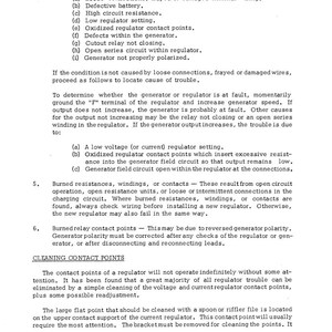 May include: A printed page with text detailing electrical system troubleshooting. The text includes numbered sections on low battery charging issues, burned components, and cleaning contact points. The page is from a manual.