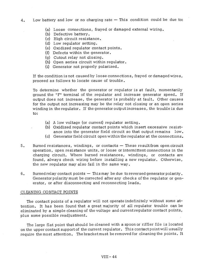 May include: A printed page with text detailing electrical system troubleshooting. The text includes numbered sections on low battery charging issues, burned components, and cleaning contact points. The page is from a manual.