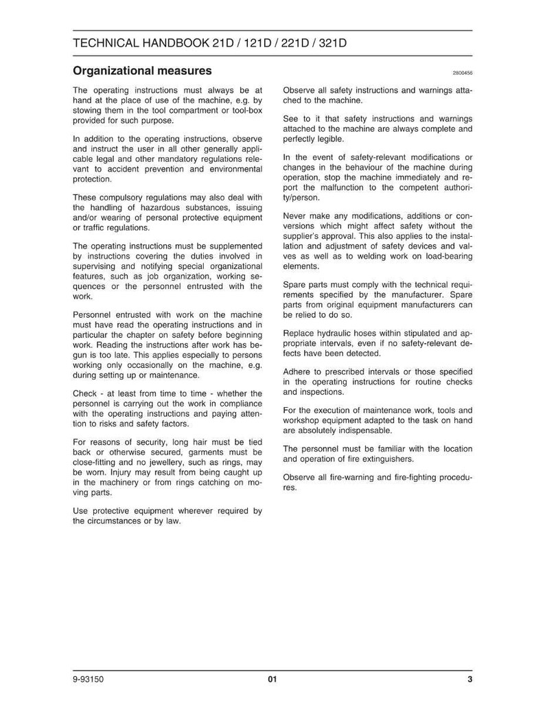 May include: A page from a technical handbook, featuring the title "TECHNICAL HANDBOOK 21D / 121D / 221D / 321D" and sections on organizational measures, safety, and maintenance. The text is in black font on a white background.