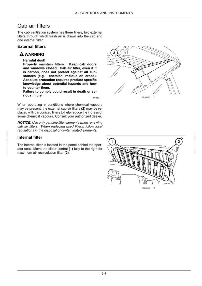 Puede incluir: Una p&aacute;gina de manual t&eacute;cnico titulada 3-CONTROLS AND INSTRUMENTS que detalla los filtros de aire de cabina. Incluye instrucciones, una advertencia sobre polvo nocivo y dos diagramas de l&iacute;neas que muestran la ubicaci&oacute;n de los filtros.