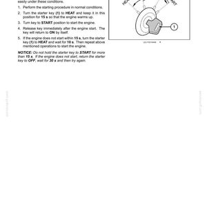 May include: Diagram of an engine starter key with operating instructions for cold conditions. The key has positions for OFF, HEAT, and START. Instructions include pre-heating and starting procedures.