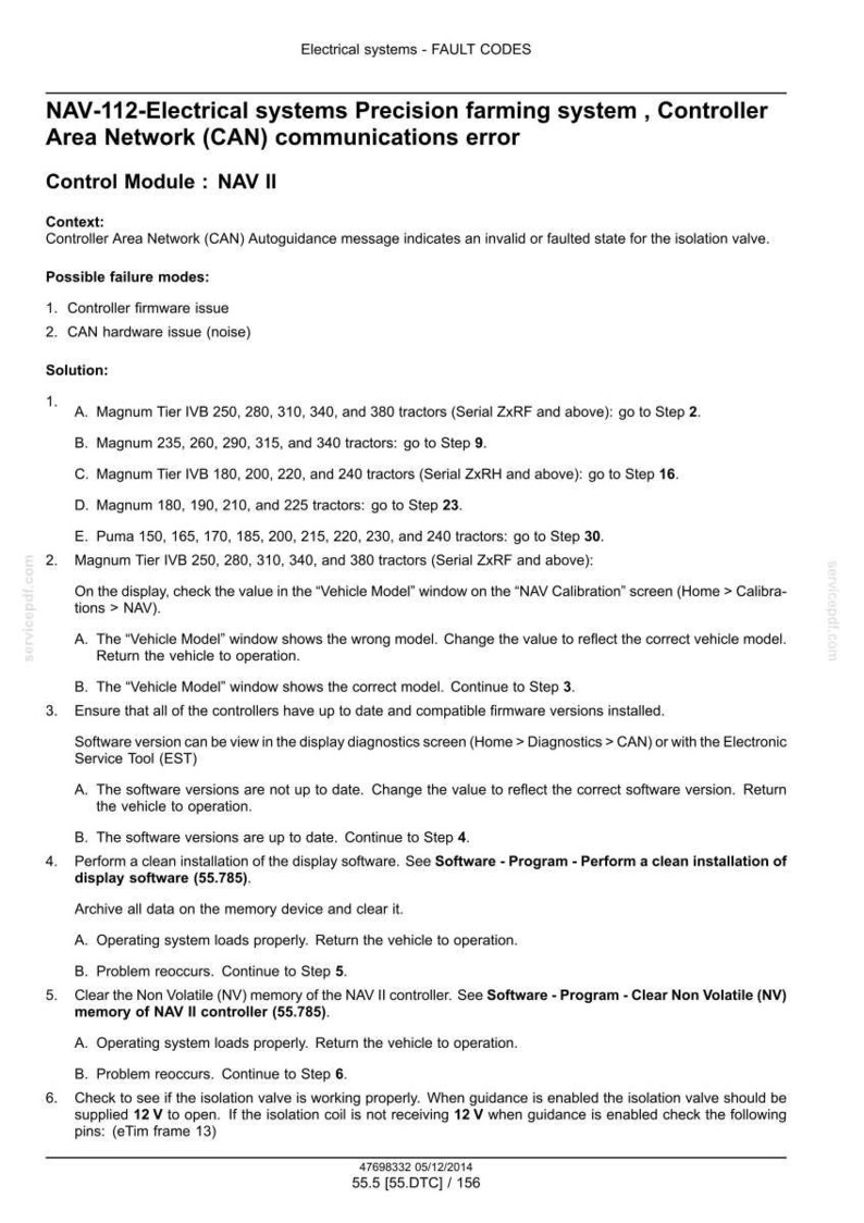 May include: Technical document detailing fault codes for a precision farming system's electrical components. Includes troubleshooting steps for controller firmware and CAN hardware issues. Text includes model numbers and software version instructions.